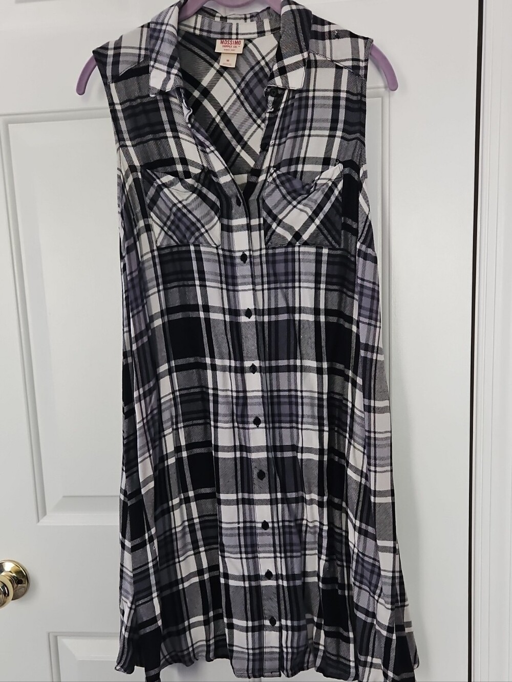 Black & White Plaid Sleeveless Button-Front Shirt Dress